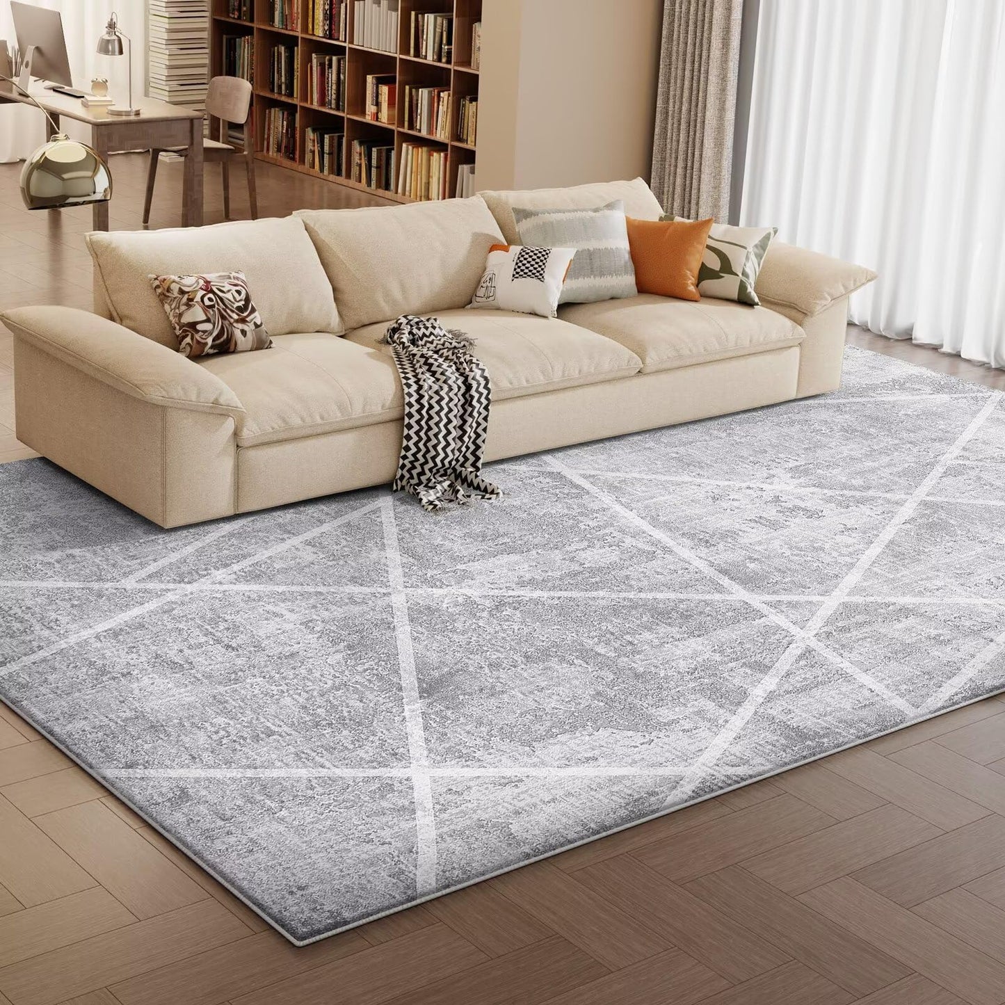 Vamcheer Modern Area Rug 5x7 - Upgraded 10mm Thick Sponge for Exceptional Comfort, Abstract Area Rug for Living Room/Bedroom/Office, Non-Shedding & Easy to Clean, Grey White Oblique Lines
