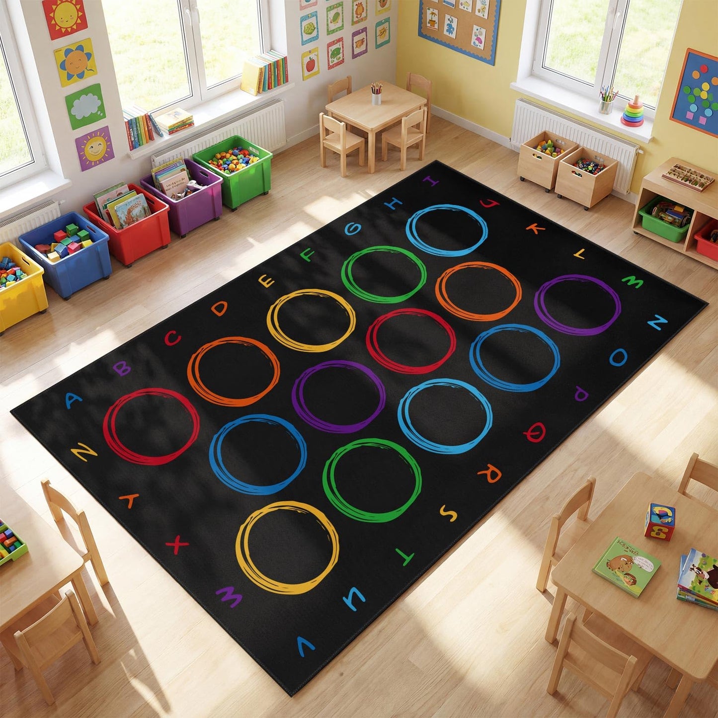 Teenyyou 6.6 x 11.2 ft Classroom Rug with Colorful Circle Elementary Educational Large Area Rug Kids Room Children Classroom Carpet Playroom Learning Preschool School Decor Seating Carpet 14 Seats