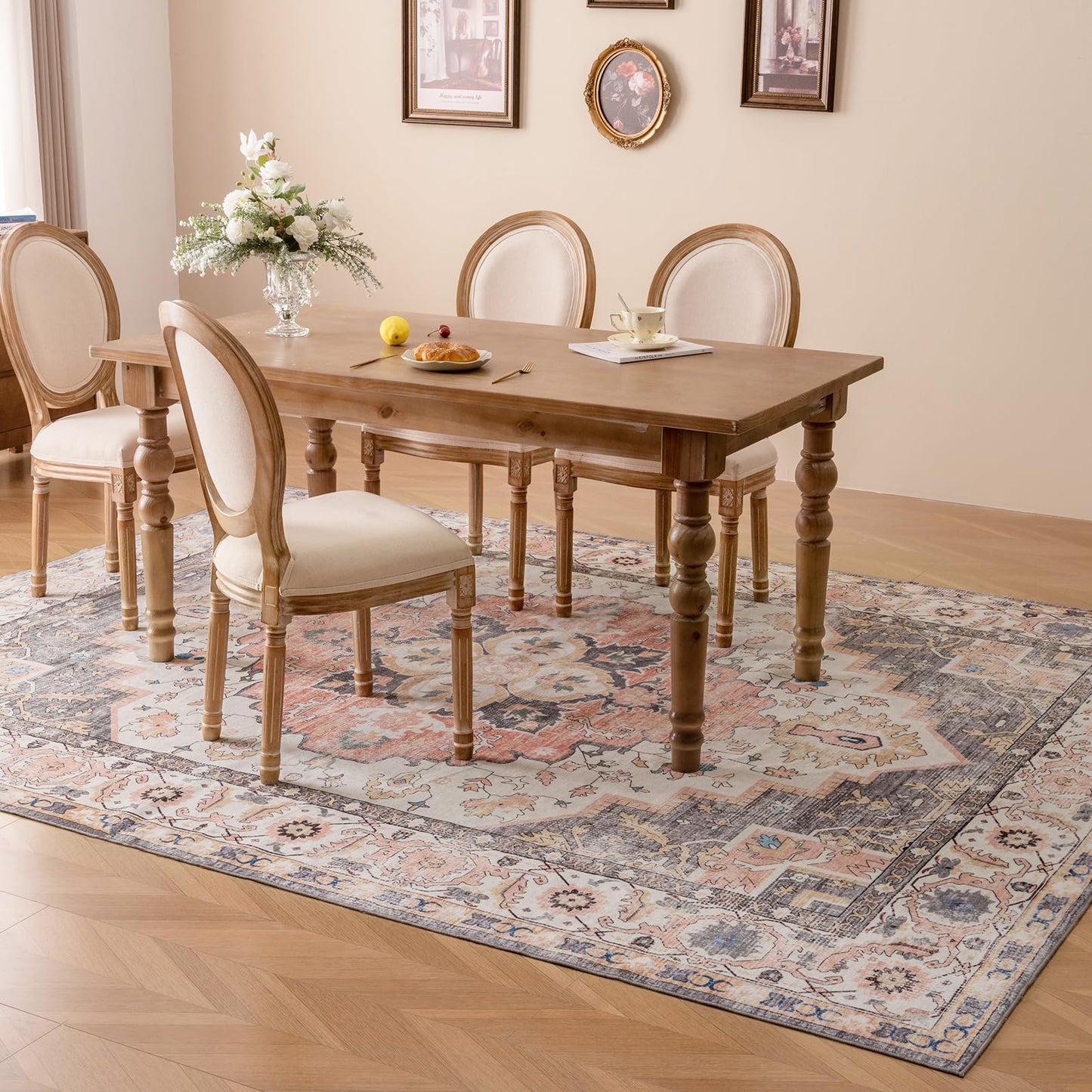 VK VK·LIVING Machine Washable Rug 5'x7' Vintage Design Washable Area Rugs with Non Slip Rugs for Living Room Bedroom Traditional Woven Carpet Stain Resistant, Dining Office Boho Rug (Mistyrose)