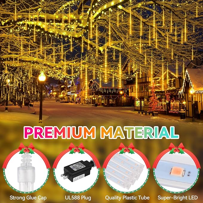 KNONEW 40 Tubes 1120 LED Meteor Shower Lights Christmas Lights Outdoor Plug in Waterproof Falling Rain Light for Xmas Tree Wedding Party Garden Holiday Rooftop Decorations (Warm White)