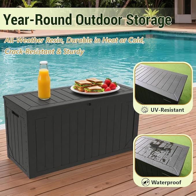 Deck Box outdoor waterpoorf, Storage Box Outdoor and Indoor for Pool Toys, Patio Cushions, Resin Storage Bin for Outside, Lockable (Black, 100 Gallon)