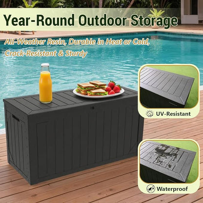 100 Gallon Outdoor Storage Box Waterproof Lockable Resin Deck Box Large, Patio Storage Bin for Pool Accessories Cushion Furniture, Garden Tools, UV-Resistant Outside Delivery Black