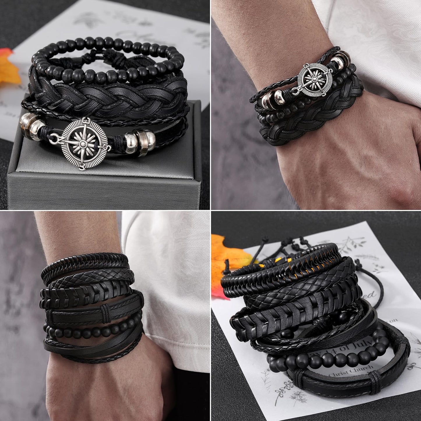 KISS WIFE Leather Bracelet for Men, 4 Packs Punk Bracelets Set, PU Braided Wrap Wristband Skull Skeleton Rock Emo Jewelry Accessories Adjustable Black Brown