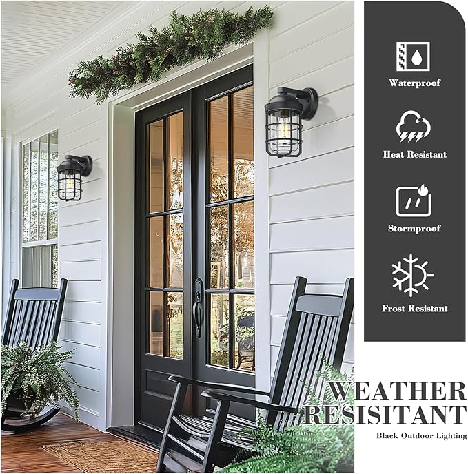 Emliviar 2-Pack Outdoor Exterior Wall Light Fixtures for Porch, 11.3 Inch Black Wall Mount Lantern with E26 Bulb Base, Clear Tempered Glass, GE255BL-2PK BK