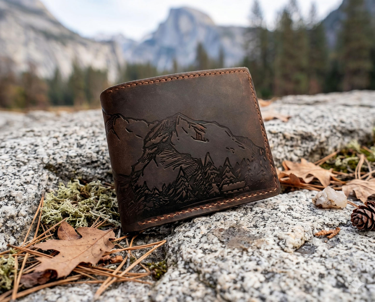 Mayan Corner - Mountain landscape handcrafted leather wallet, distress waxed leather gift, ID card slot bifold style
