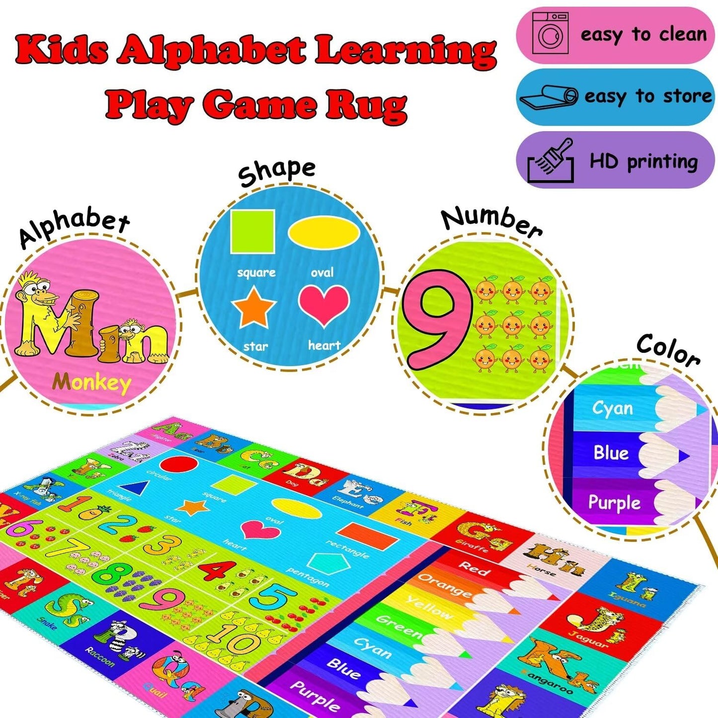 MLLgYq Kids Alphabet Play Game Rug - 6'x9' ABC Numbers and Shapes Educational Learning Toddler Carpet - Kids Room Playroom Classroom Kindergarten Activity Fun Soft Non-Slip Mat