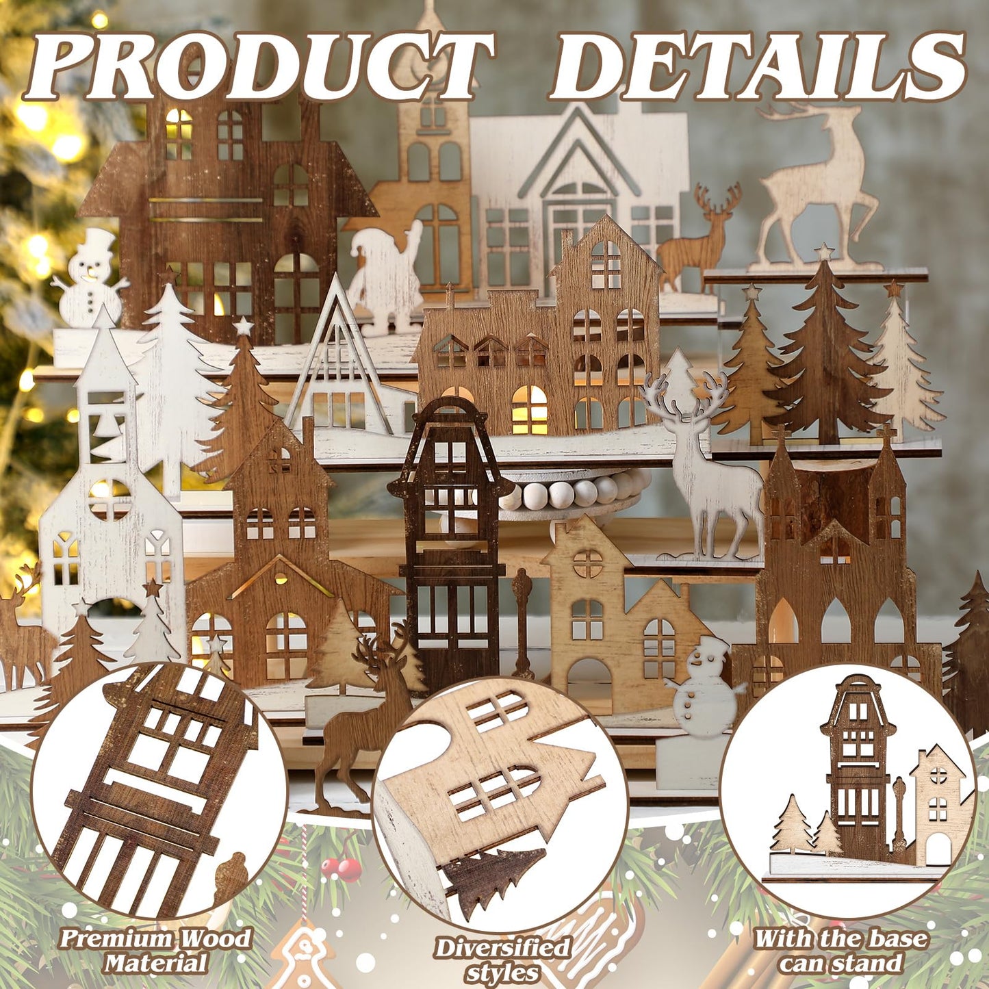 AceOrbit 12 Pcs Christmas Rustic Table Decor Xmas Trees and Elk Farmhouse Tiered Tray Decor Wooden Tabletop Centerpieces Sign Gifts for Fireplace Home Office Christmas Birthday Party Supplies