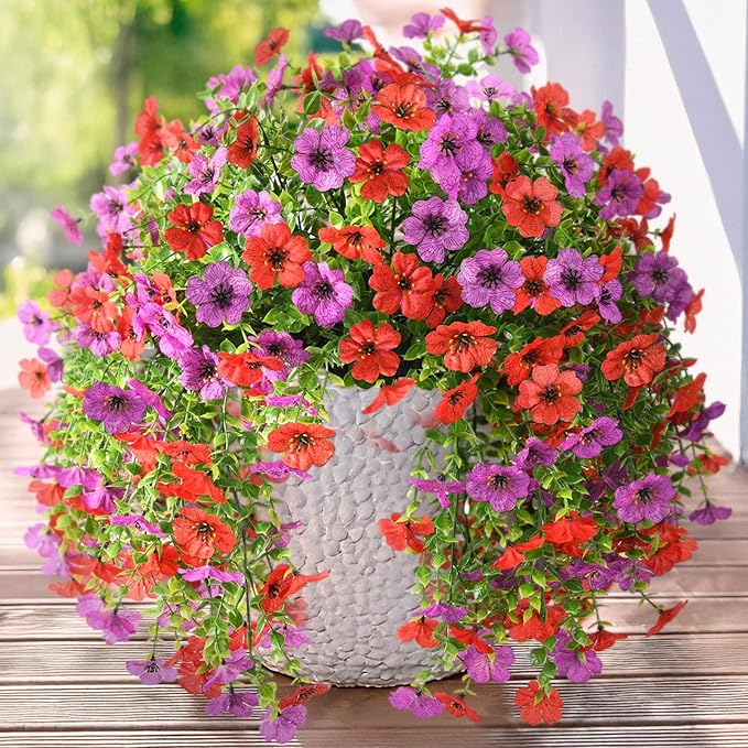 Artificial Fake Flowers Plants for Outdoor Spring Summer Decoration, 2PCS Faux Daisy Silk Flower Outside No Fade UV Resistant Realistic Home Decor for Porch Patio Balcony Window Box(Red Purple)