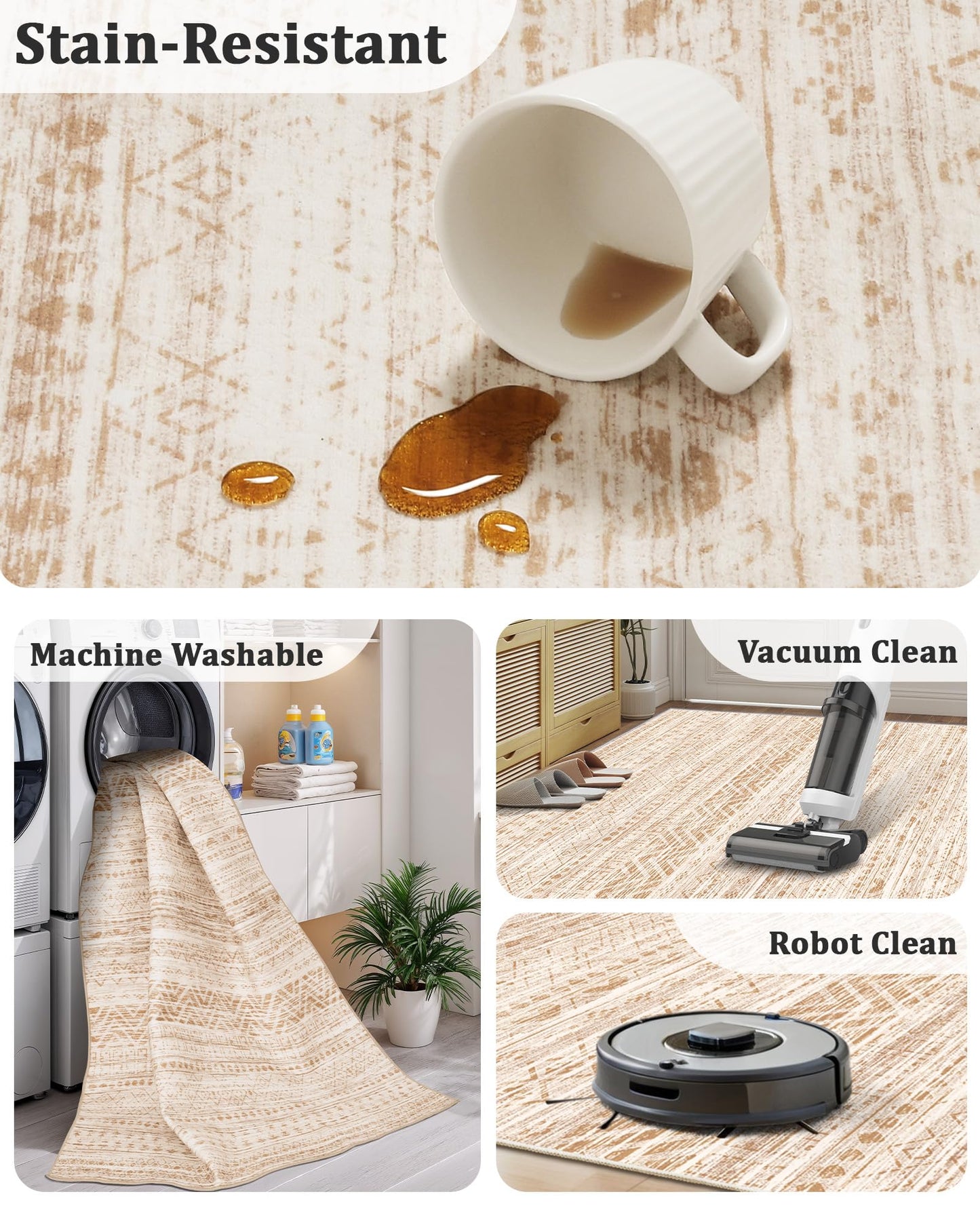 Miukiki Round Rugs 6ft for Living Room Moroccan Washable Circle Rug Non Slip Indoor Floor Carpet Foldable Area Rug for Dining Room with Low Pile(Beige,6'x6')