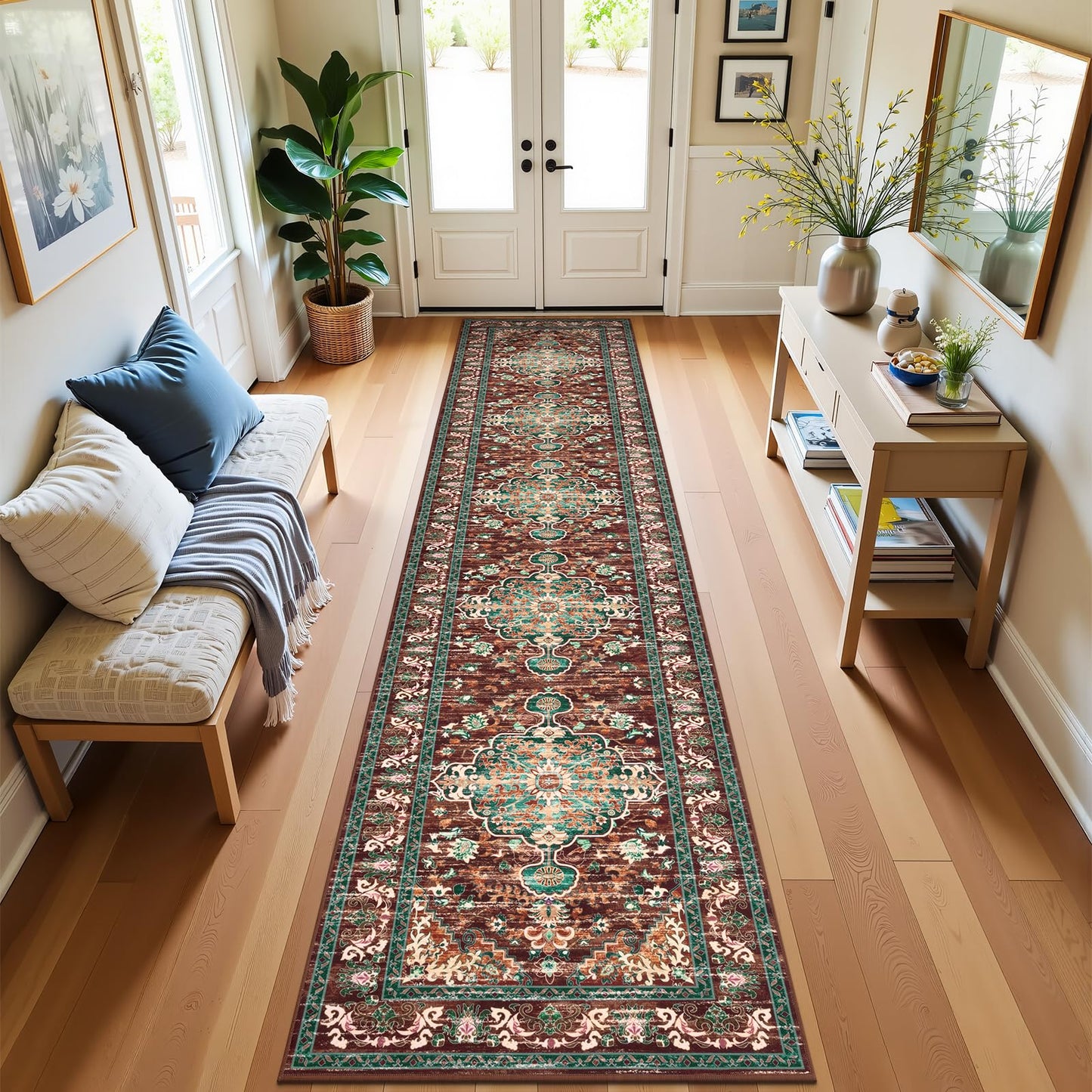 U'Artlines 3' x 14' Boho Hallway Runner Rug, Rust Non Slip Washable Vintage Farmhouse Accent Rug Carpet for Kitchen Entryway Laundry and Living Room (Rust＆Teal)