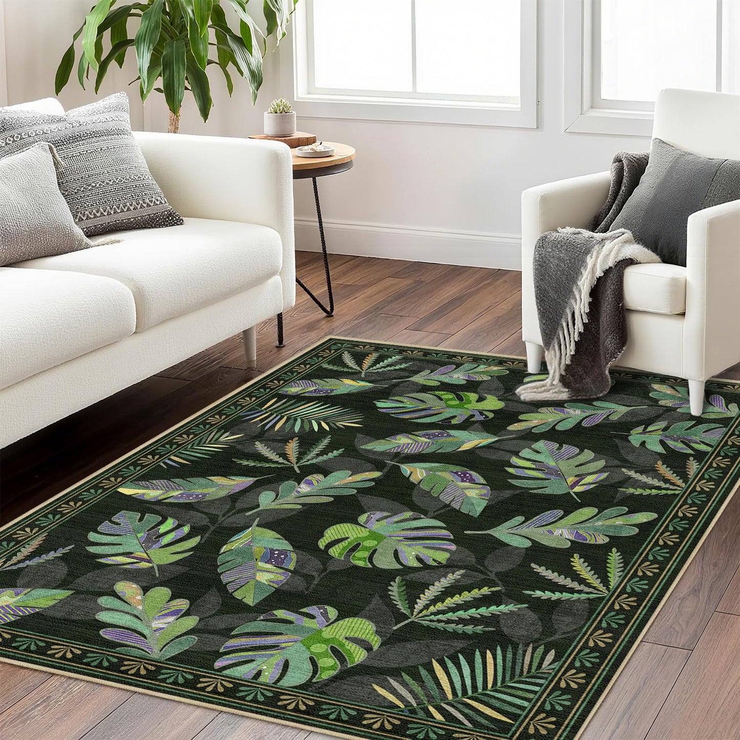Monstera Rug 3x5 for Living Room Sage Green Leaf Area Rugs Machine Washable Tropical Botanical Rug Non Slip Printed Low Pile Indoor Floor Carpet for Kitchen Bathroom Bedroom,Green