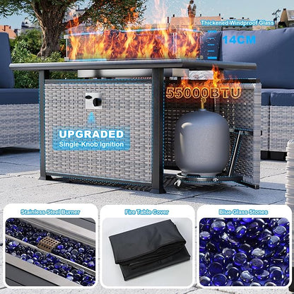 13-Piece Patio Furniture Set, Outdoor Patio Furniture with Swivel Chairs Set, Ottomans, 55,000 BTU Fire Pit Table, Modular Patio Sofa, Dual-Strand Wicker Rattan, Rust-Resistant Frame, Navy Blue