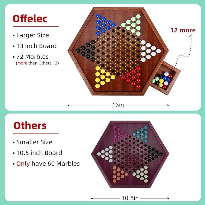 Wooden Chinese Checkers Set with Storage Drawer 13 inches Upgraded Version Game Board 60+12 Acrylic Marbles in 6 Colors Classic Strategy Games for Adults and Kids Fun for Family Gathering