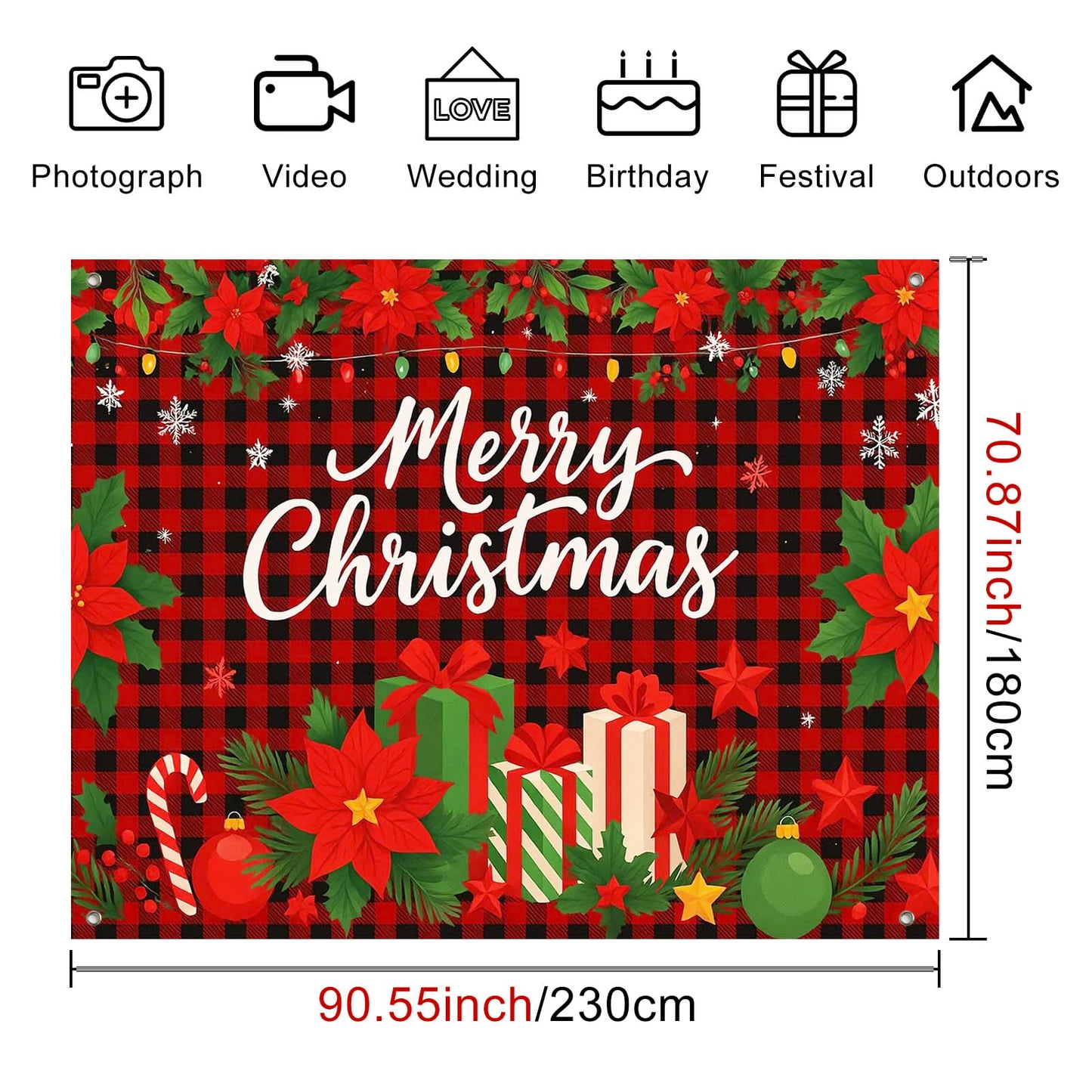 HOMETITUTE Red Black Plaid Merry Christmas Backdrop 8×6ft Holiday Photo Background Buffalo Check Party Decoration Banner with Gifts Poinsettia Greenery and Snowflakes
