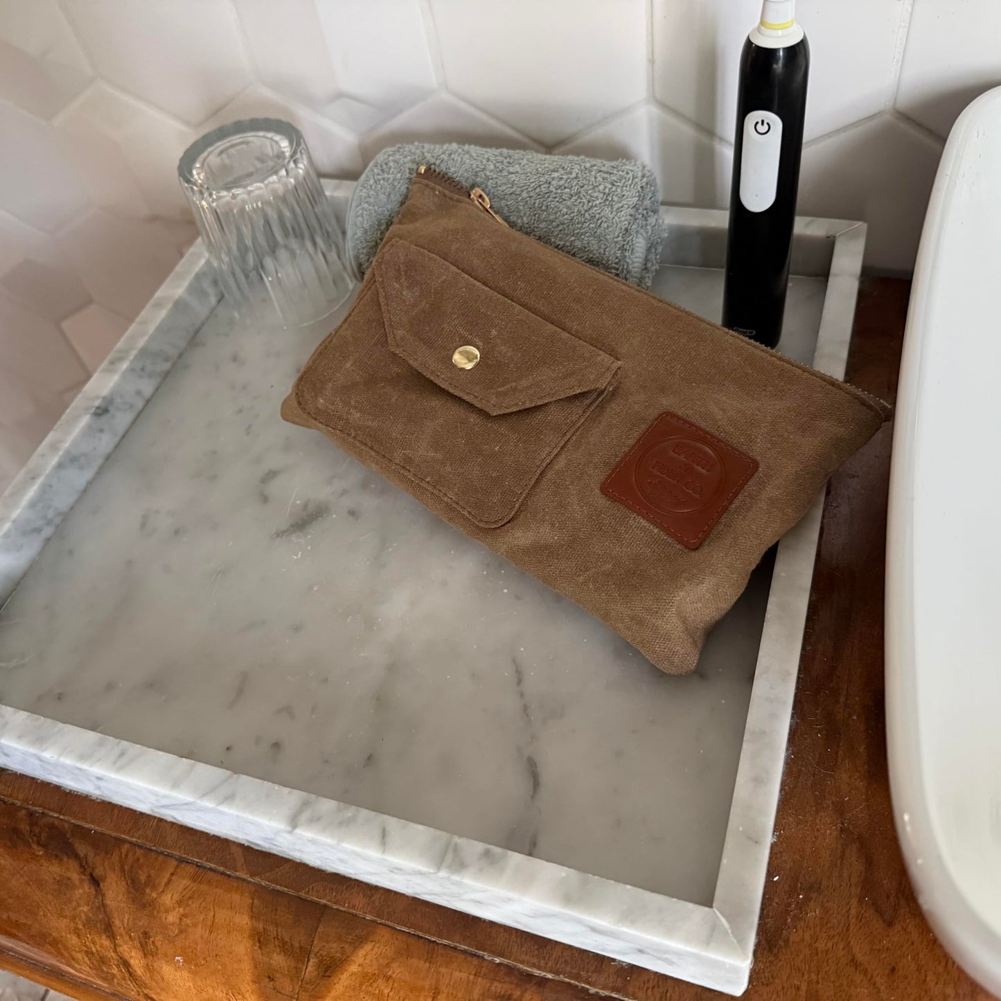Earth & Fiber Co. Waxed Canvas Toiletry Bag, Compact Slim Design for Traveling, Brown