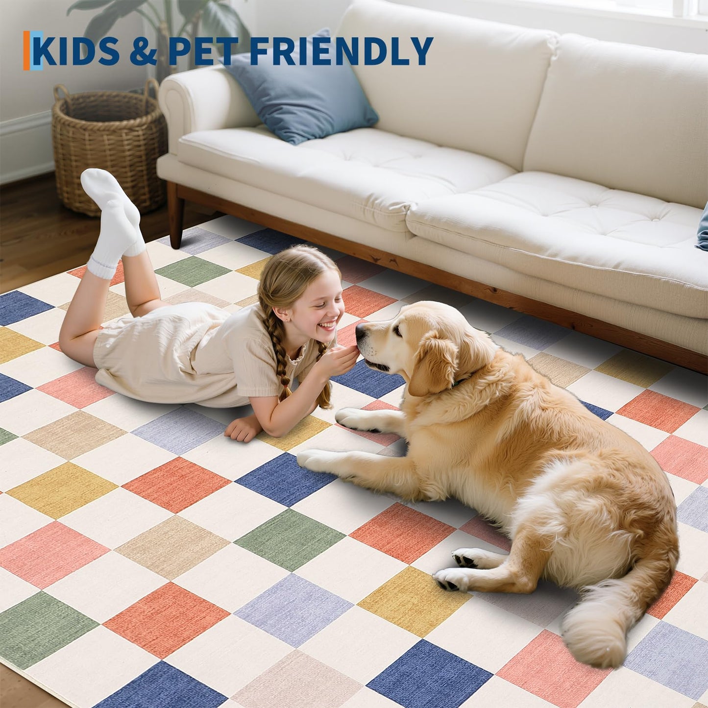 GarveeHome Checkered Nursery Kids Boy Playroom 5x7 Washable Rug Geometric Modern Soft Low-Pile Stain Resistant Rug for Bedroom Living Room Entryway Non-Slip TPE Backing