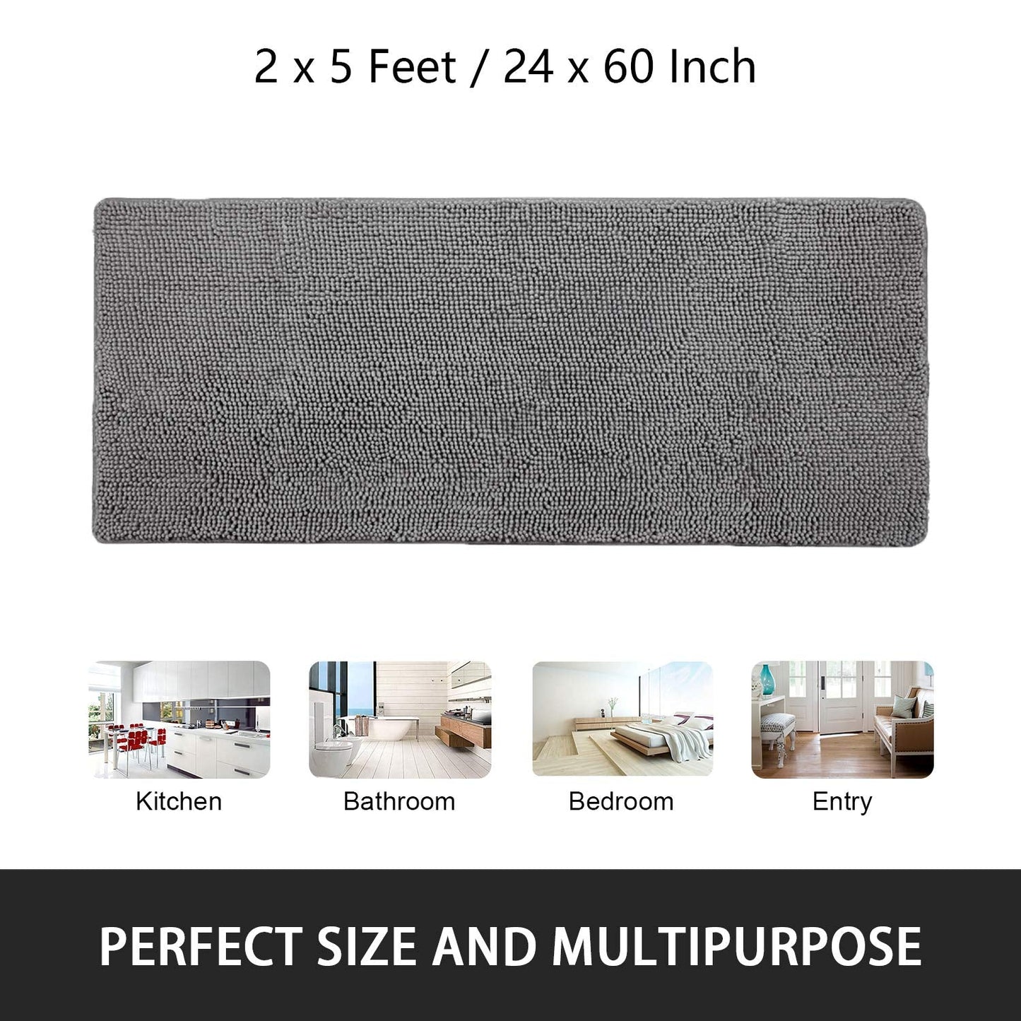 Noahas 24''x 60'' Grey Long Bathroom Rugs Runner,Absorbent Bath Mats for Bathroom Non-Slip with Rubber Backing,Soft Washable Carpet,Plush Chenille Shower Mats Shaggy Durable Bath Rugs