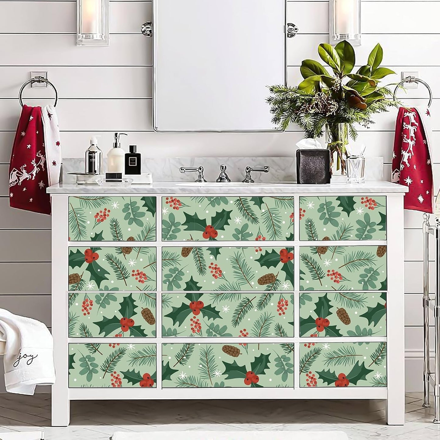 TOARTi Christmas Wallpaper Peel and Stick Green Leaves Christmas Contact Paper for Cabinets Bedroom Xmas Backdrop for Winter New Year Xmas Party Decor