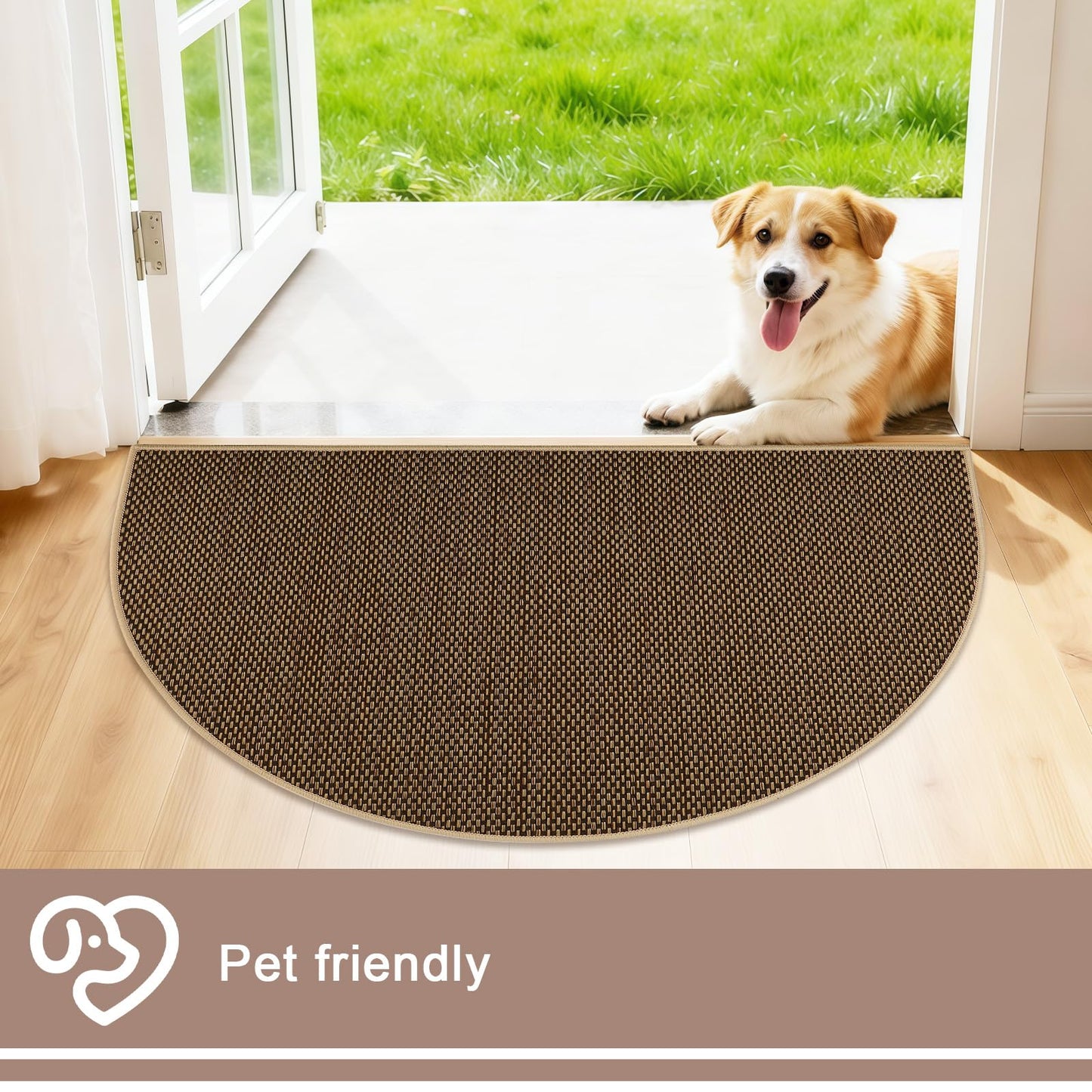 MATIRUG Door Mat,Ultra Thin Half Circle Non Slip Washable Indoor Outdoor Doormat,Low Profile Welcome Entryway Dirt Trapper Entry Rug for Front Back Door Kicthen 17"x29"Coffee