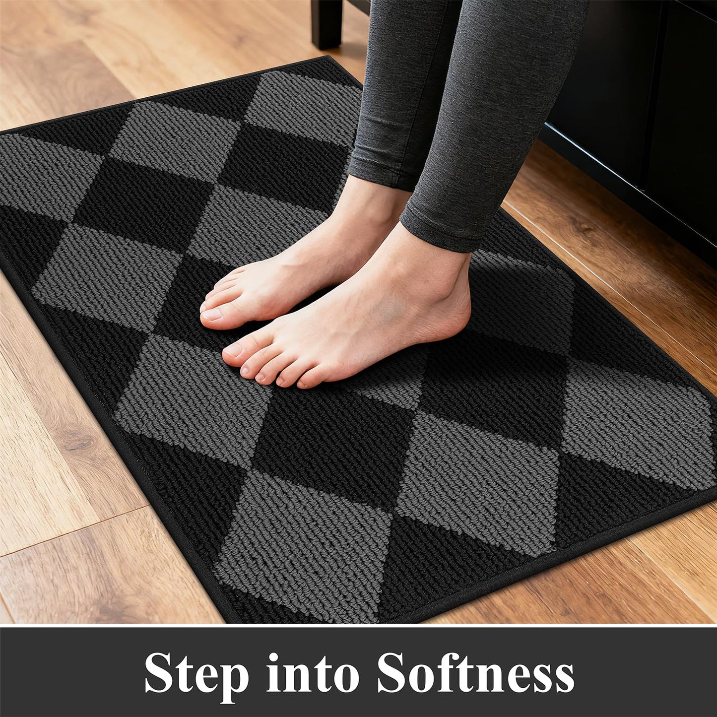 SHACOS 3Pcs Kitchen Rug, Checkered Kitchen Mat for Floor, Washable Non Slip Runner Rug for Hallway Entryway, Kitchen Runner Set for Kitchen, Front of Sink (17"x30"+17"x47"+17"x59", Black/Grey)