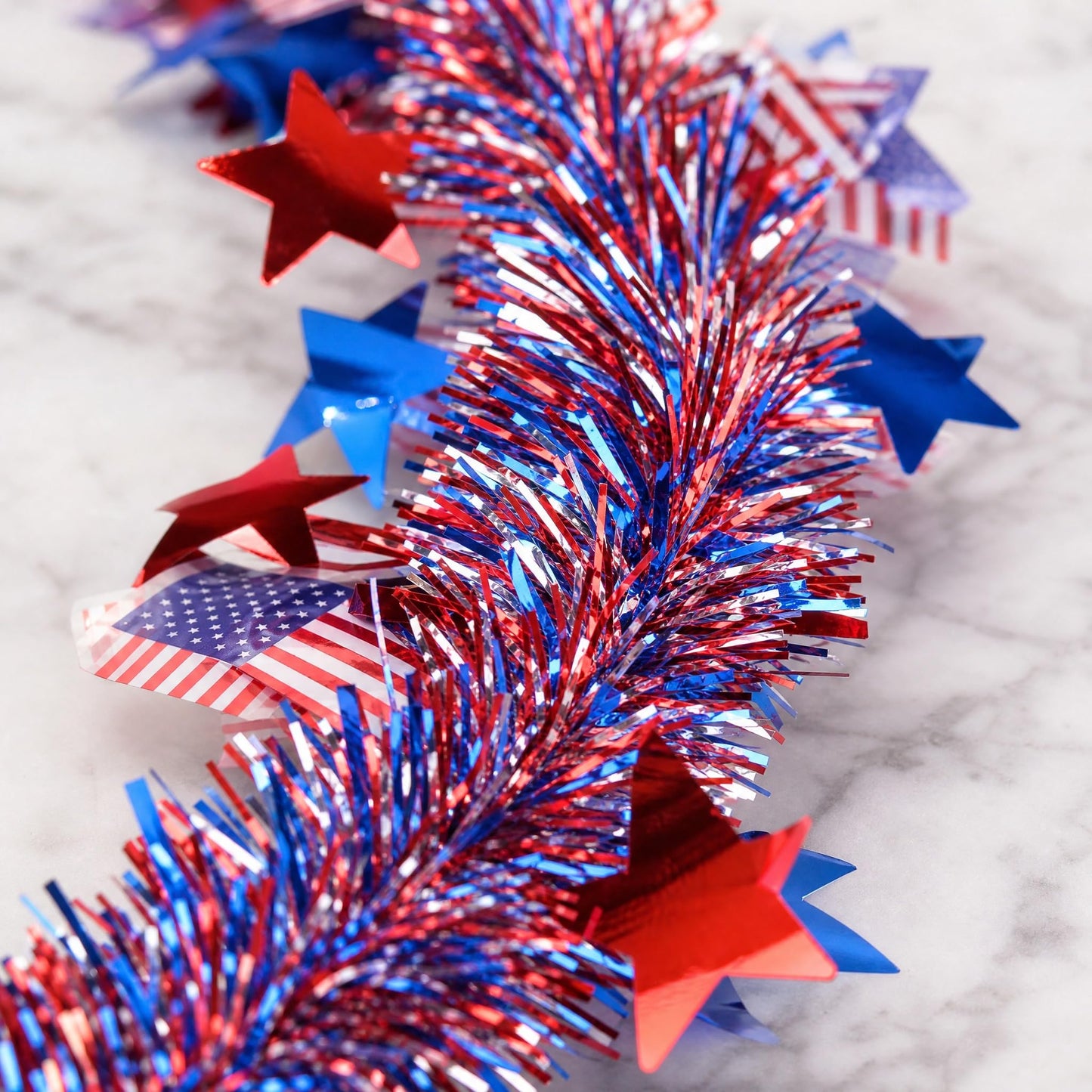 LKBBC 4th of July Tinsel Garland, 52.5 Ft Patriotic Red, White, and Blue Sparkly Glitter Star Flags Metallic Garlands Home Garden Tree Decorations for Independence &Memorial Day