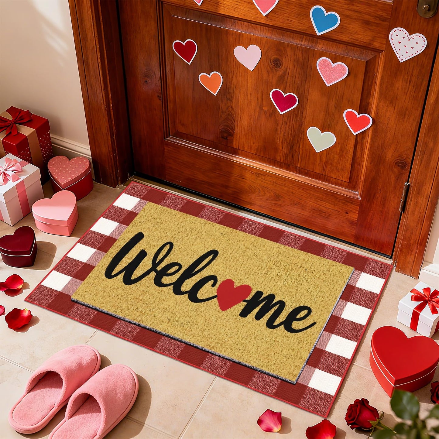 APUDWN 2 Pcs Valentines Day Welcome Doormat, Heart Welcome Door Mat Valentines Day Non Slip Coir Plaid Mat Layering Doormats Seasonal for Home Bathroom Front Porch Entryway Decor 24"x 32"