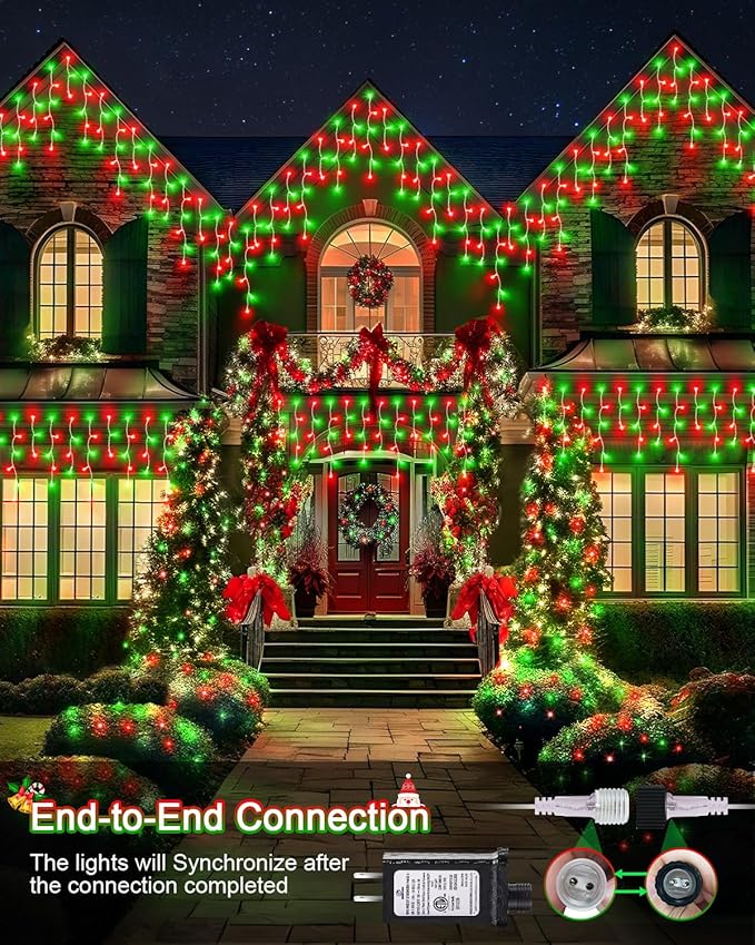 Christmas Lights Outdoor, 53 FT 486 LED Christmas Lights for Outside, Timer & Memory, Plug in 8 Modes Hanging Fairy Light with 108 Drops for House Eaves Yard Patio Decorations, Red Green