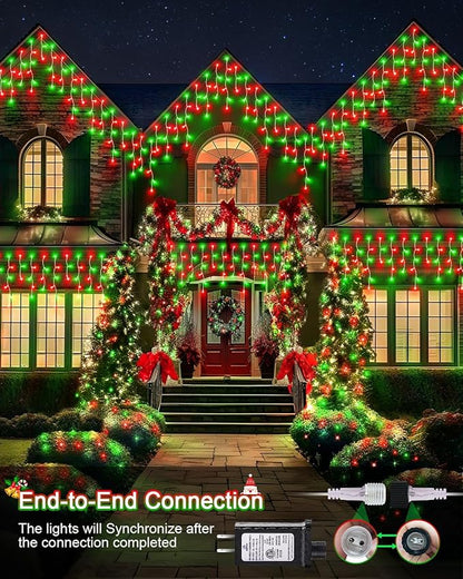 Christmas Lights Outdoor, 53 FT 486 LED Christmas Lights for Outside, Timer & Memory, Plug in 8 Modes Hanging Fairy Light with 108 Drops for House Eaves Yard Patio Decorations, Red Green