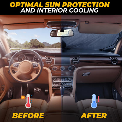 Windshield Sun Shade for Car, SUV & Truck – Patented Design Blocks 99% UV Rays & Heat | 240T Reflective Polyester Sunshade with Storage Bag | Keeps Vehicle Interior Cool | Universal Fit S(59" x 29")