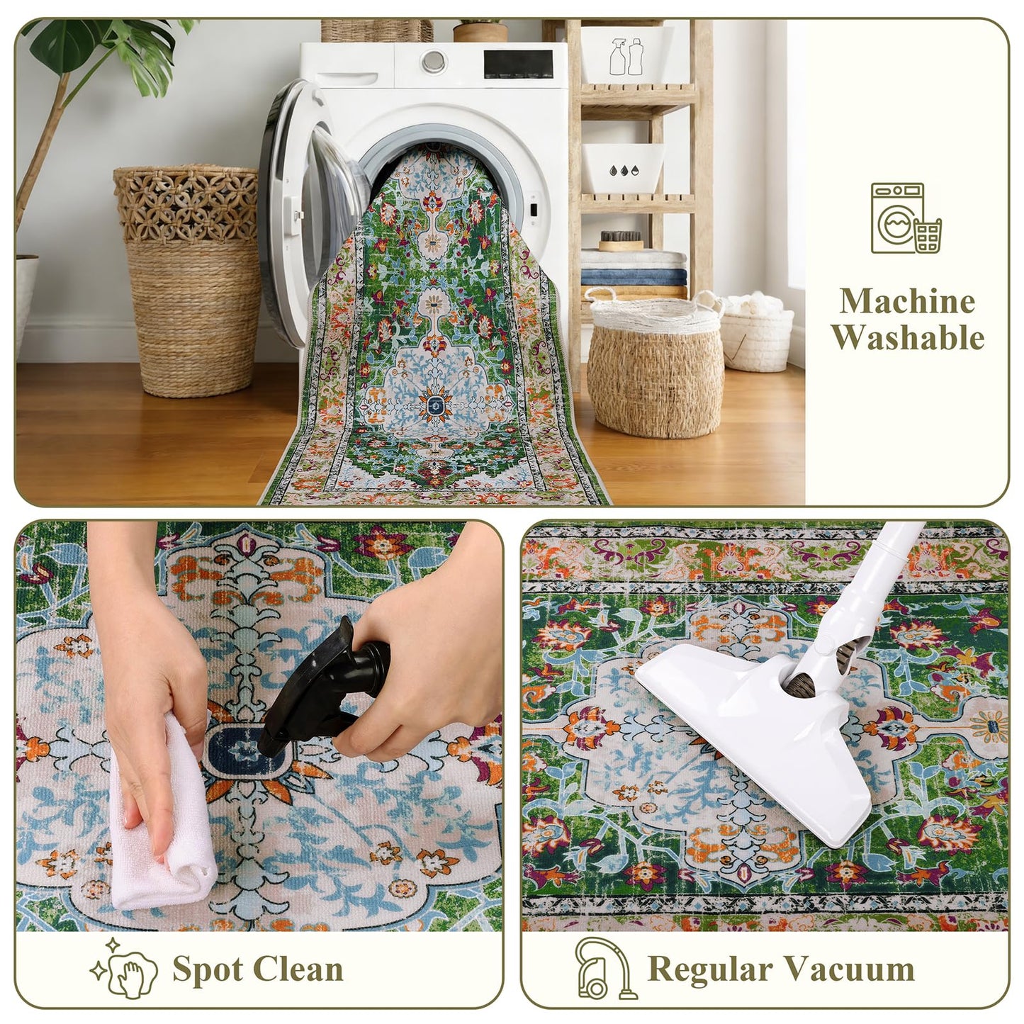U'Artlines 2' x 6' Boho Hallway Runner Rug, Non Slip Washable Vintage Farmhouse Kitchen Rug Accent Area Carpet for Entryway Laundry and Living Room (Green)