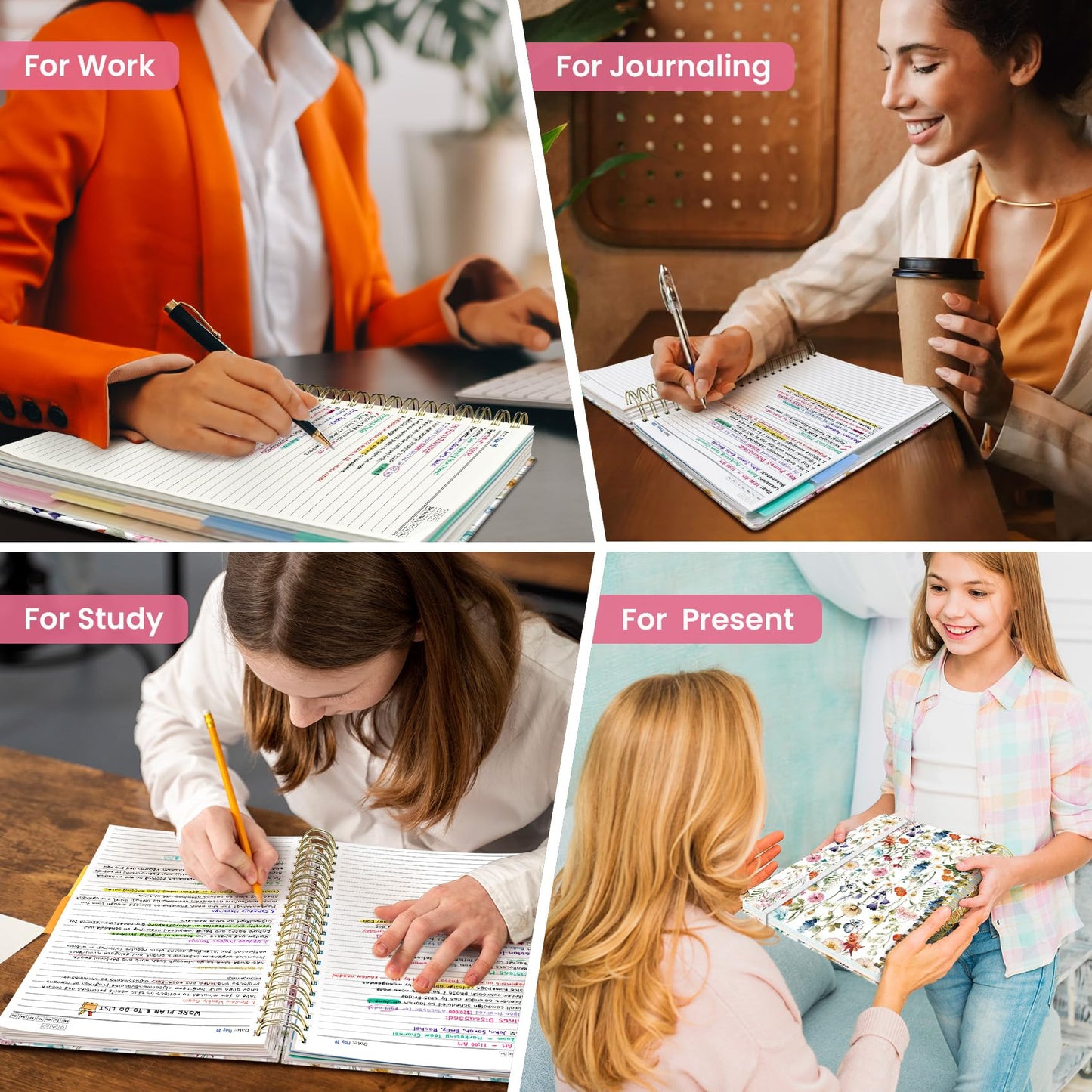 Large Spiral Lined Notebooks for Work with Removable Dividers & Tabs, 8.5"x11" Pretty Hardcover 5 Subject Notebook Journal for Women, College Ruled, Perfect for Study & Office Organization, 280 Pages,Wildflowers
