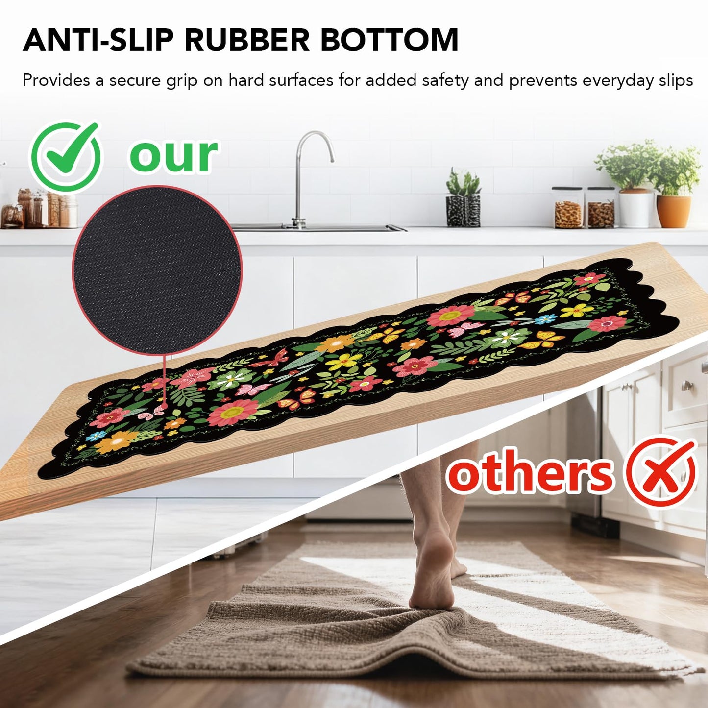 Black Kitchen Mats for Floor 3 Piece Set, Floral Scalloped Kitchen Rugs and Mats Set, Soft Cushioned No-Slip Resistant Kitchen Mats for Floor, Washable Runner Rug for Kitchen Sink, Laundry, Office
