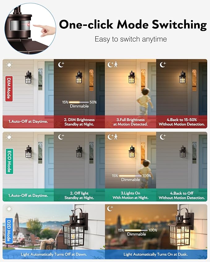 VIANIS 2 Pack Motion Sensor Outdoor Lights, Oil Rubbed Bronze Dusk to Dawn Wall Lights Lantern, 100% Aluminum Coach Exterior Lights Sconce for Patio, House, ORB Front Porch Light with Waterproof