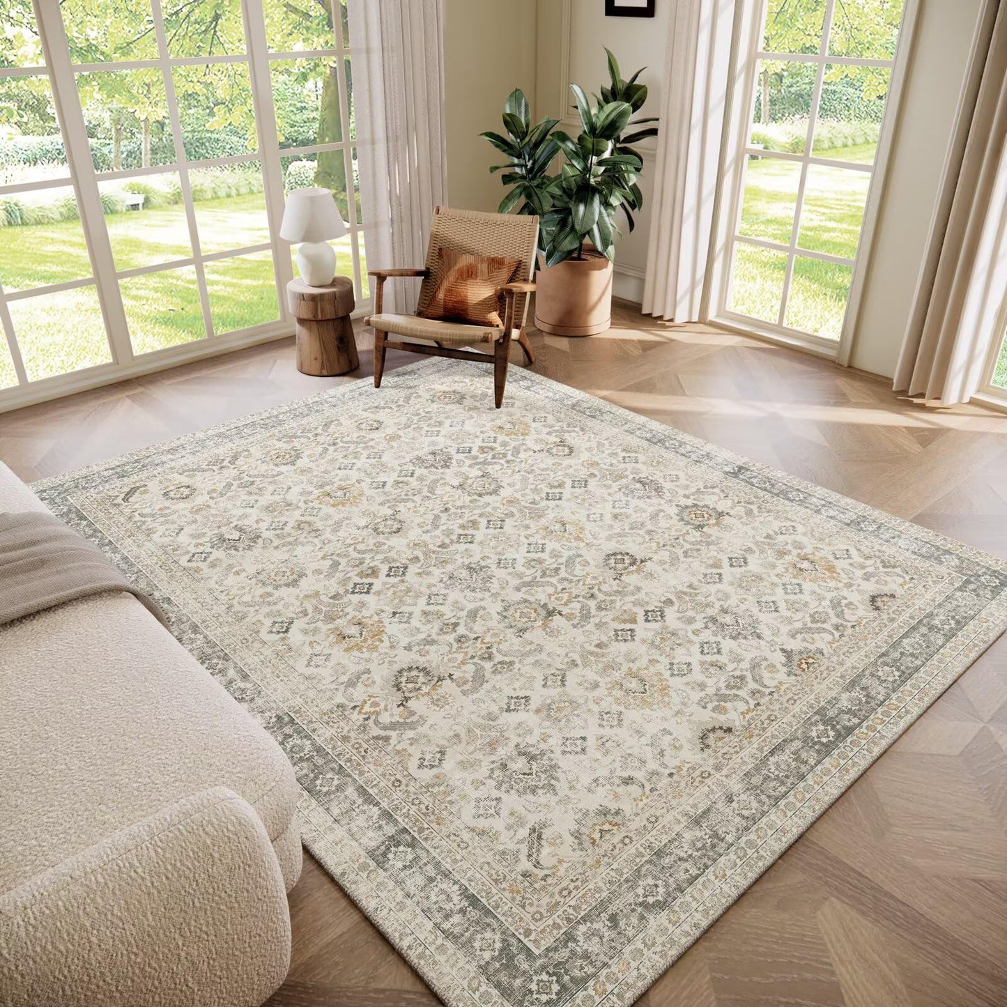 Hedwior Boho Washable 5x7 Area Rugs for Living Room, Cushioned, Beige/Grey