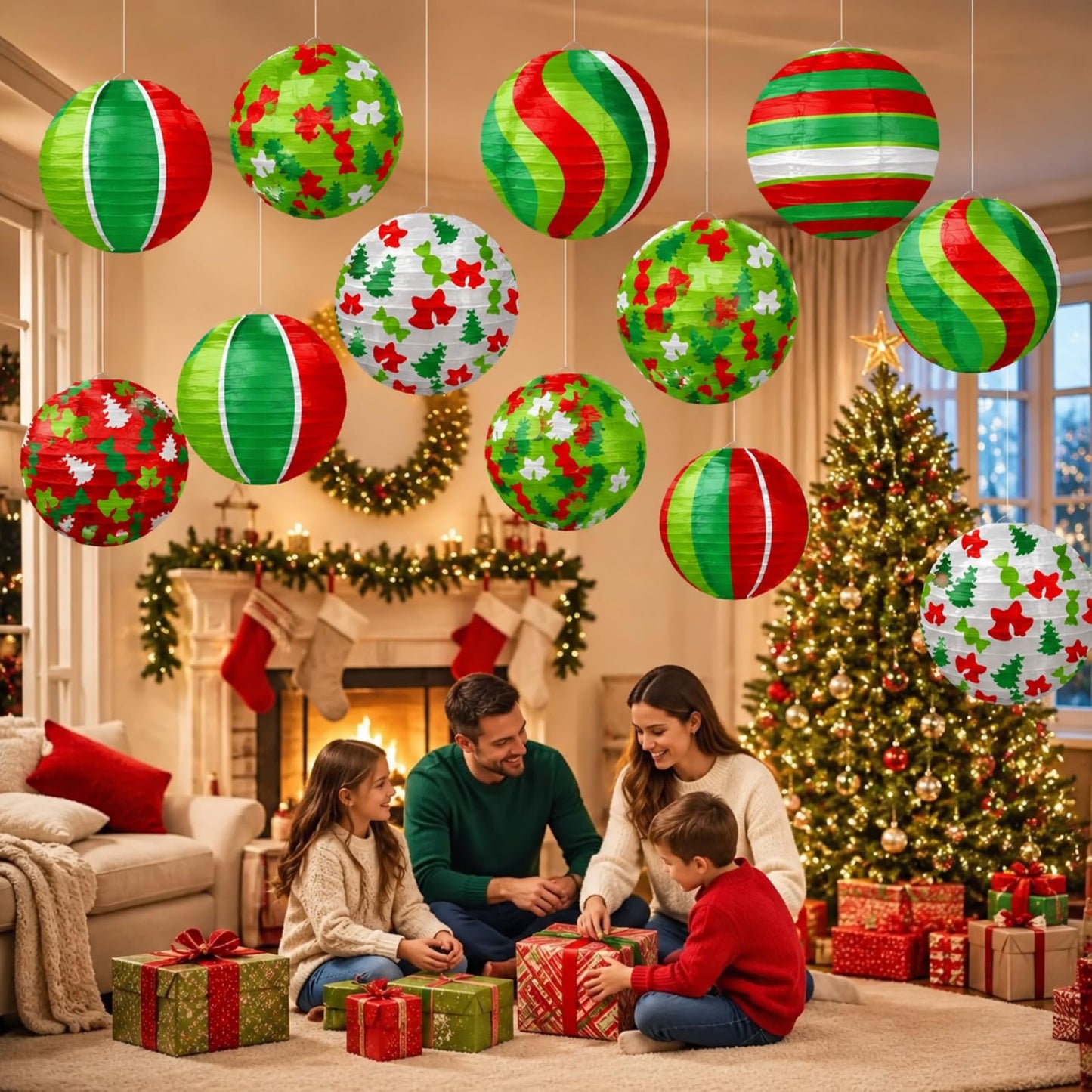 ADLKGG 12PCS Christmas Paper Lanterns Decorations - Hanging Xmas Lanterns with Trees, Bells, Stripes Patterns for Christmas in July & Winter Holiday Party Supplies, Home Patio Classroom Decor