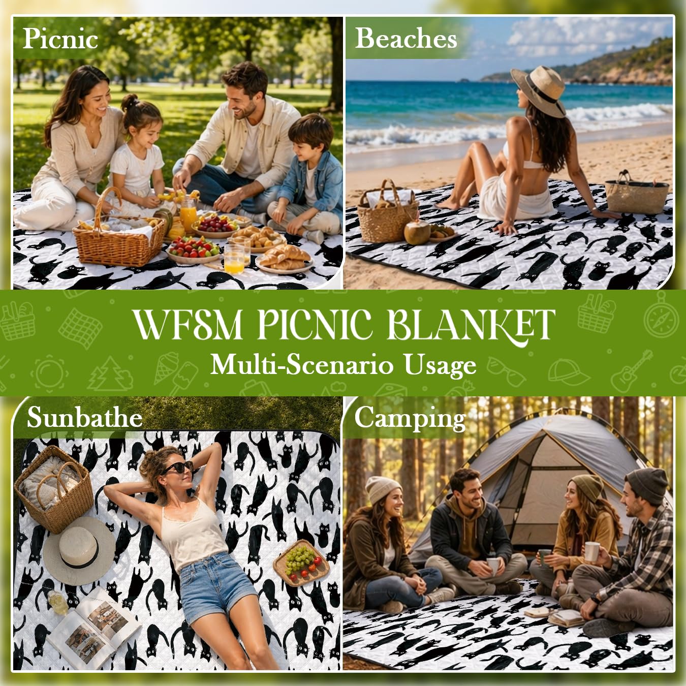 WFSM Black Cat Gifts Picnic Mat 80x60 Inch, Cat Mom Dad Lover Gifts Outdoor Play Mat for Adults and Toddlers Waterproof Sandproof Beach Blanket Travel Camping Rug