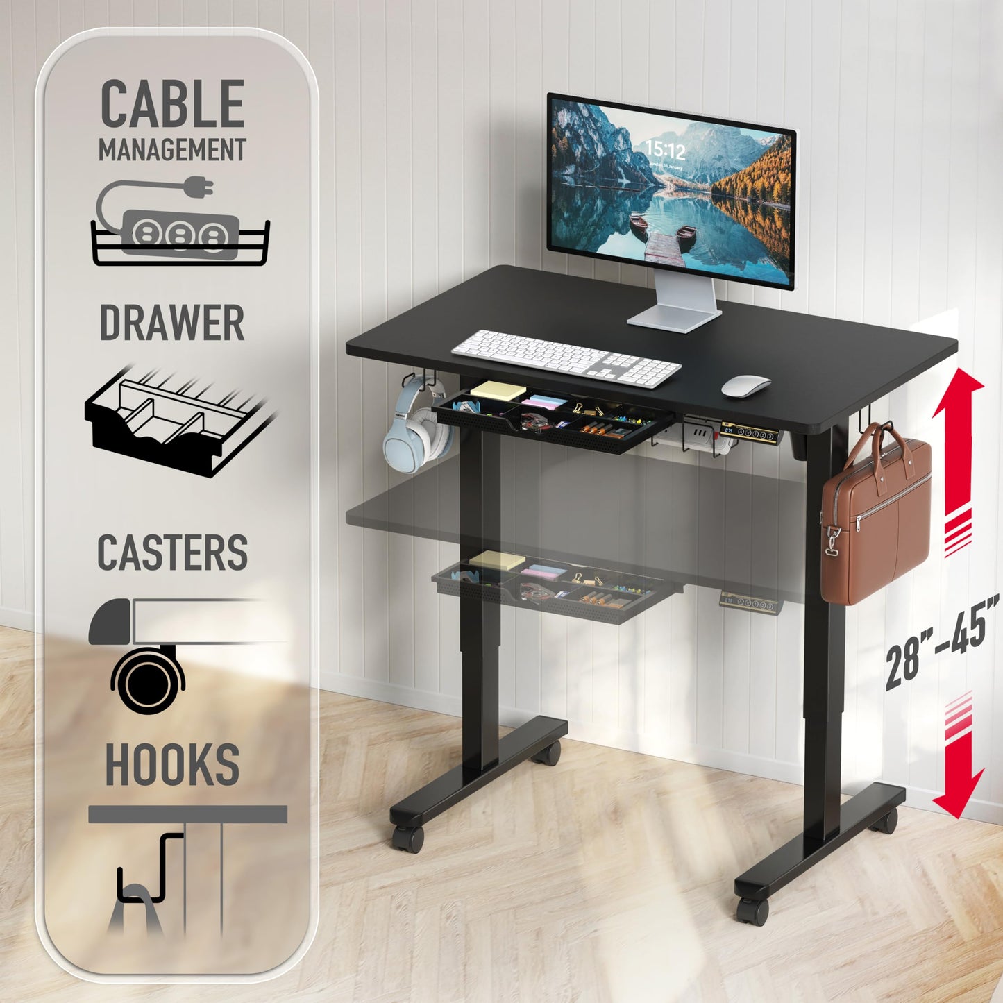 SHW 40-Inch Mobile Electric Height Adjustable Sit to Stand Desk with Drawer, Hanging Hooks and Cable Management, Black