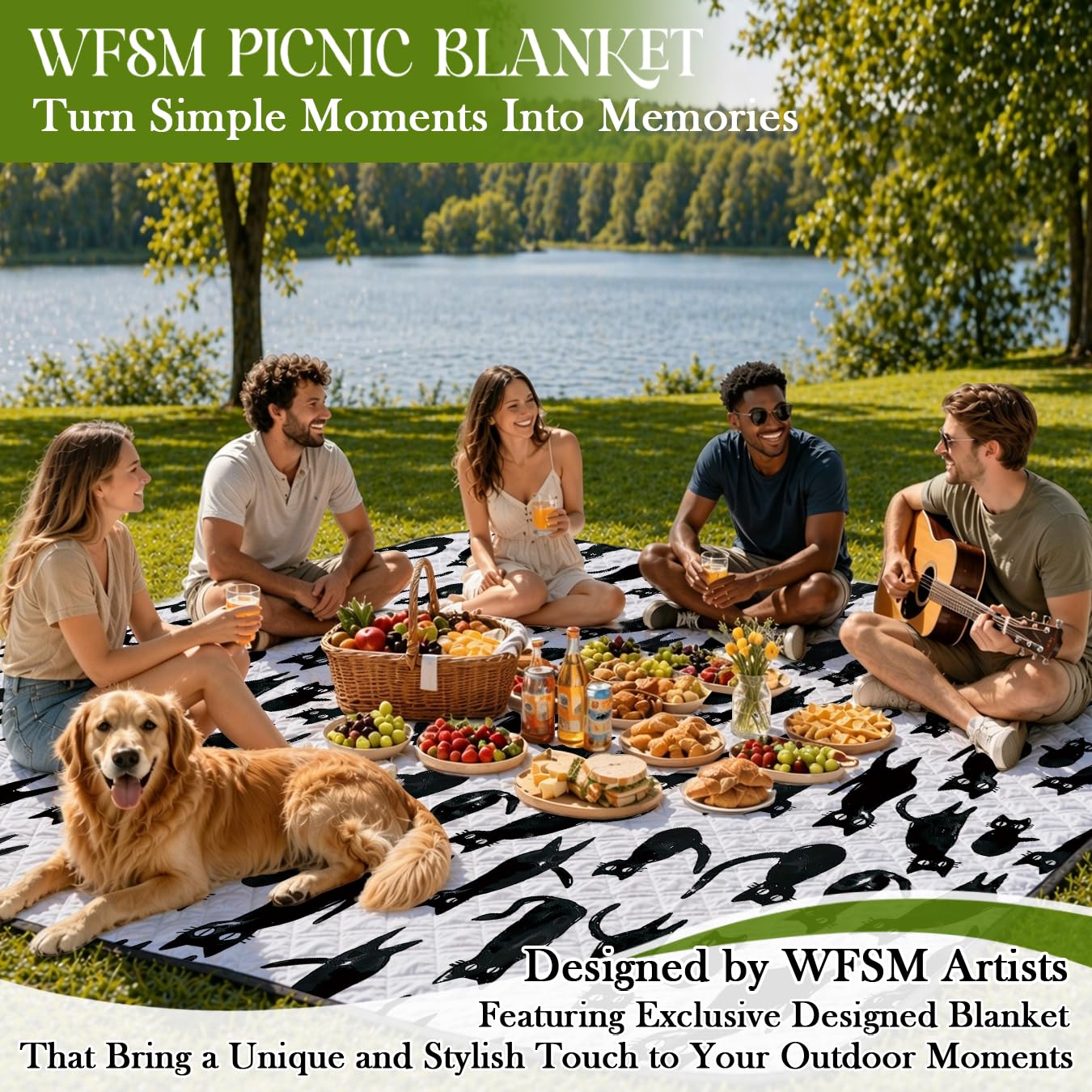WFSM Black Cat Gifts Picnic Mat 80x60 Inch, Cat Mom Dad Lover Gifts Outdoor Play Mat for Adults and Toddlers Waterproof Sandproof Beach Blanket Travel Camping Rug