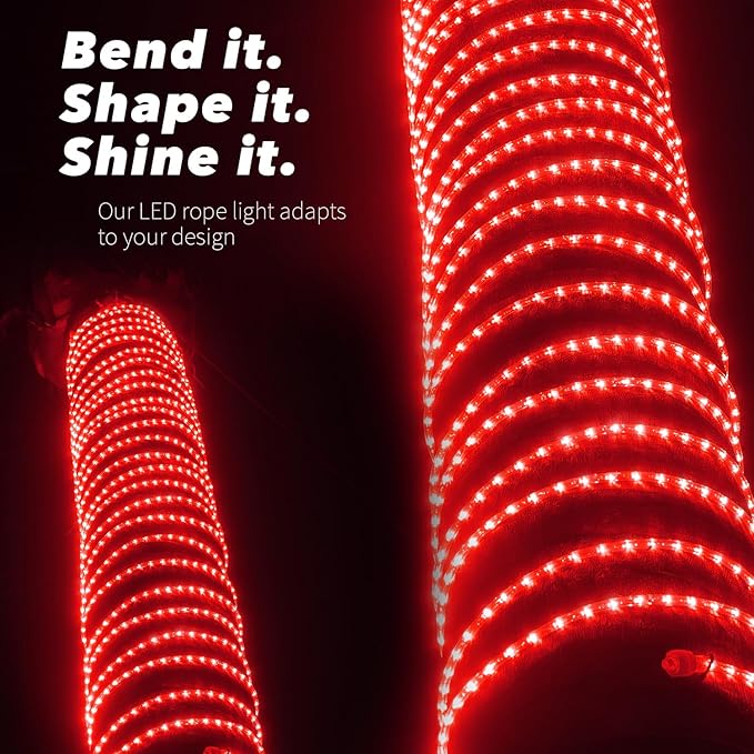 WYZworks 576LEDs 50ft LED Outside Rope Lights, Outdoor ETL Certified Waterproof Permanent 360 Degree Light Emitting, Flexible Tube, Connectable, Christmas Palm Tree Exterior Landscape, Red