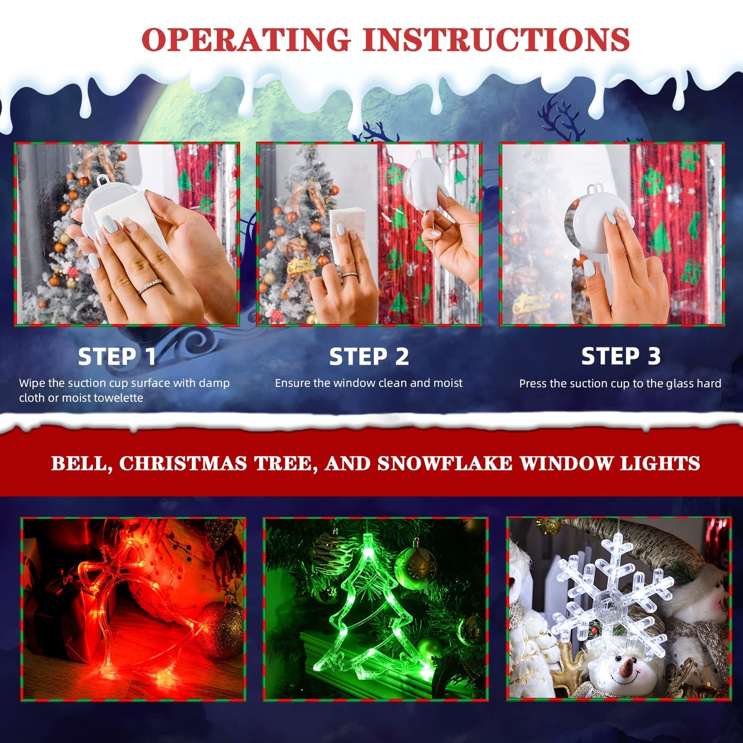 LOLStar Christmas Window Decorations,3 Pack Jingling Bell,Christmas Tree,Snowflake Christmas Window Lights with Suction Cup, Timer Function & Slow Fade Mode Battery Operated Indoor Lights