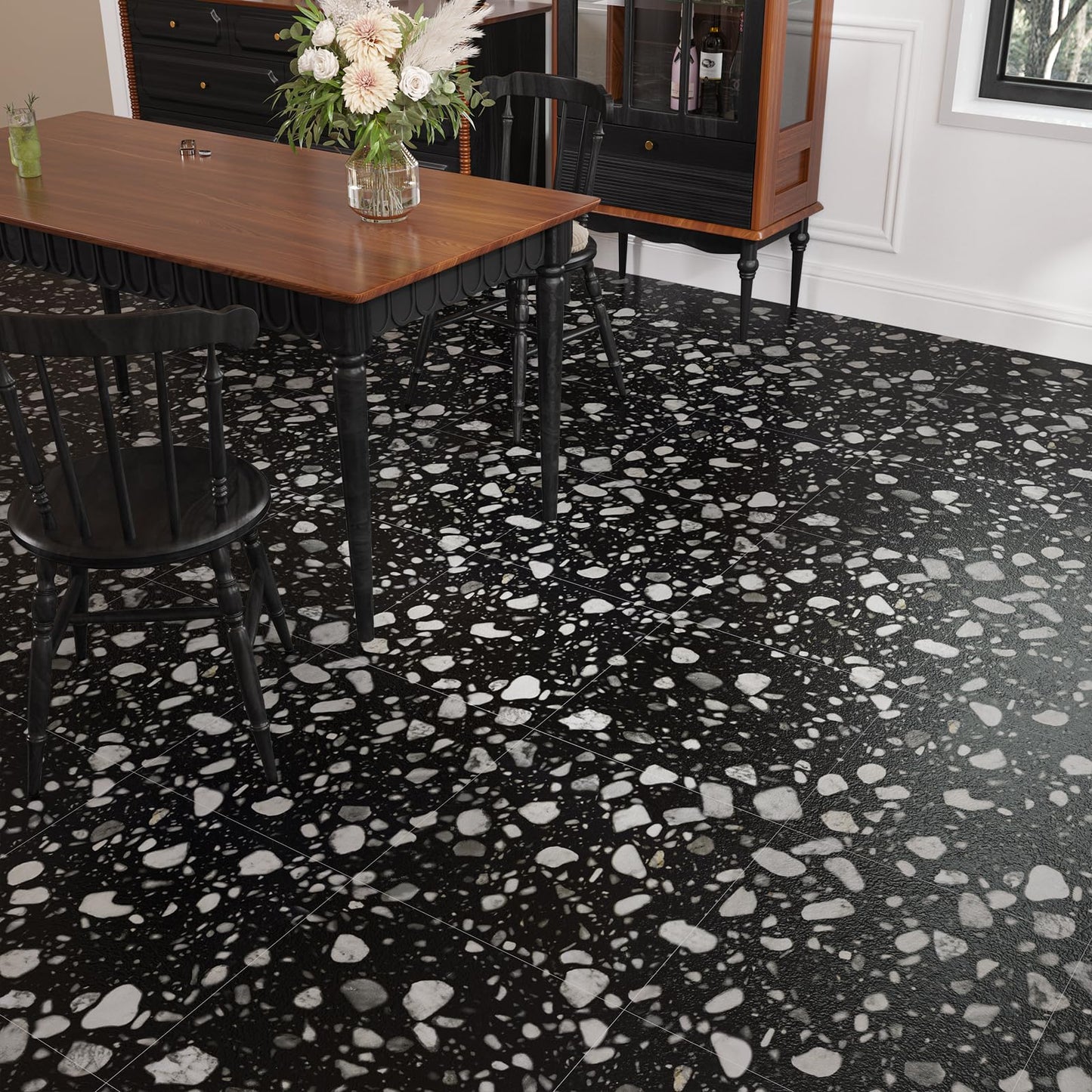 VaryStyle Waterproof Vinyl Flooring Terrazzo Peel and Stick Floor Tile 12"x12" Black and White Vinyl Floor Tiles Self Adhesive Removable Stick on Tile for Kitchen Basement Bathroom Flooring 6-Sheet
