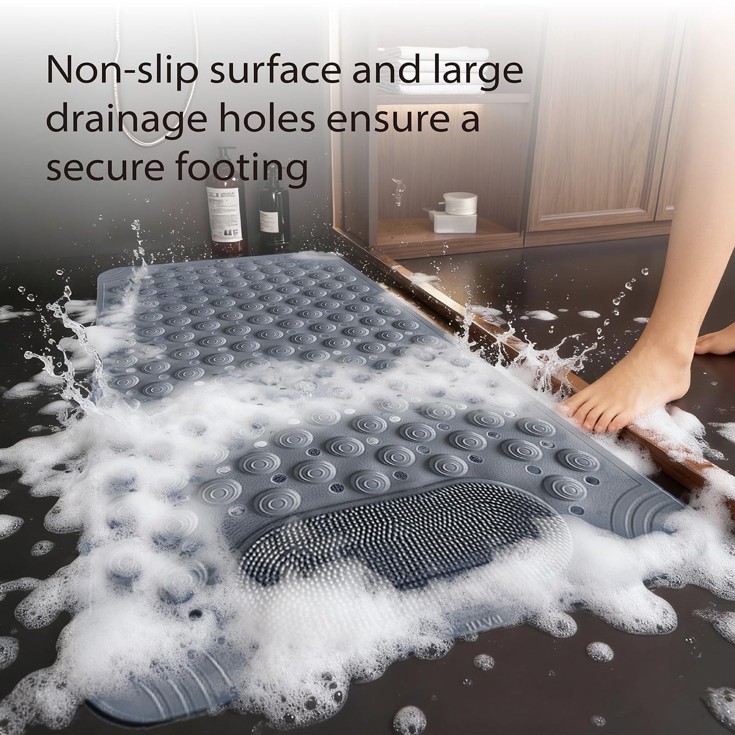 WohnWoll Bathtub and Shower Mats with Massage Brush, Non Slip Soft Bath Tub Mat with Suction Cups and Drain Holes for Bathroom Floor for Wet Areas, Quick Drying, 28x14 Inch, Gray