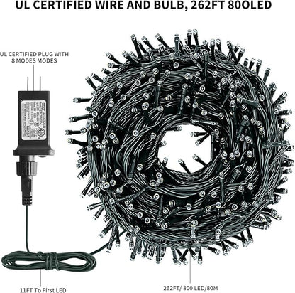 XTF2015 262FT 800 LED Christmas String Lights, Christmas Lights Plug 8 Modes Memory Function with Timer, UL Certified Outdoor Indoor Fairy Light Christmas Tree, Patio, Party (Multicolor)
