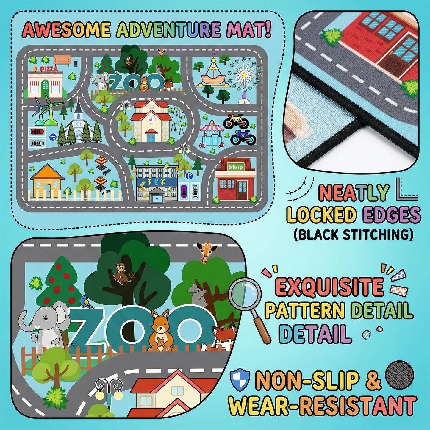 Car Rug Play Mat - Road Rug for Kids Boys Room, Fun Race Track Traffic Road Carpet for Boys Playmat Educational Learn, Car Carpet for Kids Room Decor Playmat Bedroom Playroom, 2.5x4 Feet