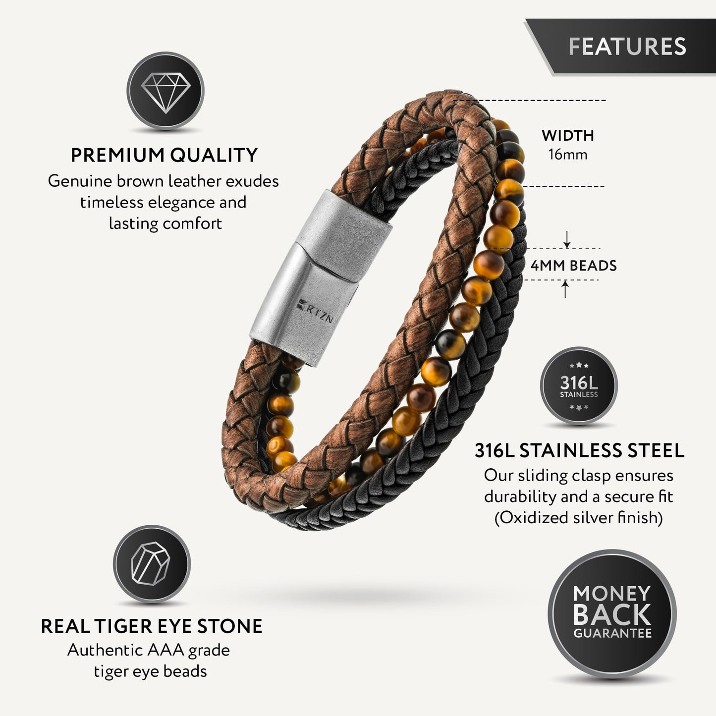 RTZN® Multi Strand Bracelet for Men – Premium Artisan Handcrafted Tiger Eye Bead and Brown Braided Leather Bracelet – Authentic Tigers Eye Stone & Brown Leather Mens Bracelet (Medium)
