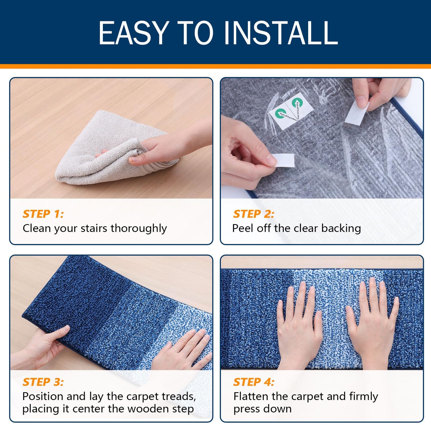 OLANLY Stair Treads Non Slip 15PCS, 8" x 30" Indoor Stair Runners for Wooden Steps, Edging Stair Rugs with Reusable Peel and Stick Adhesive for Kids Elders and Pets, Navy