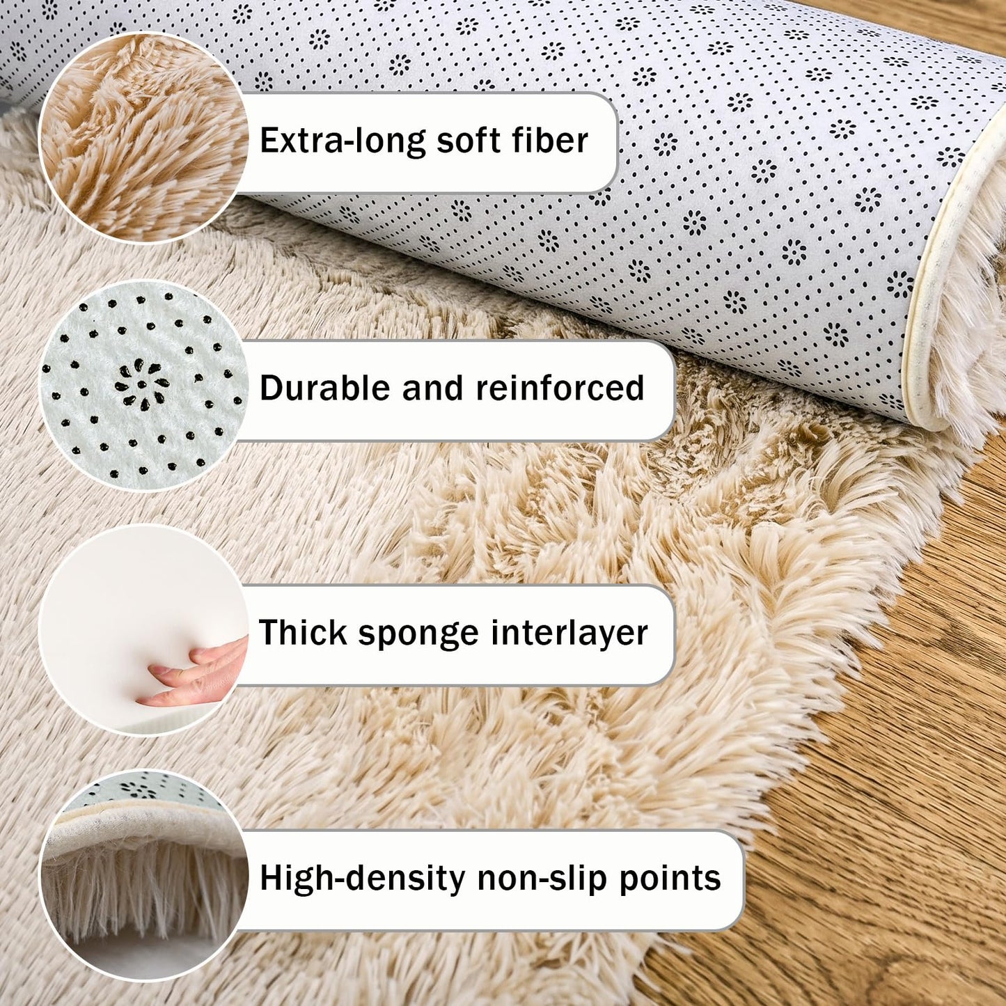 Runner Rugs for Bedroom Living Room, 2x6 Ultra Soft Plush Fluffy Bedside Rug, Long Shaggy Furry Bedroom Throw Rugs Floor Rug with High-Density Non-Slip Bottom for Dorm, Hallway, Ivory White, 2Pcs