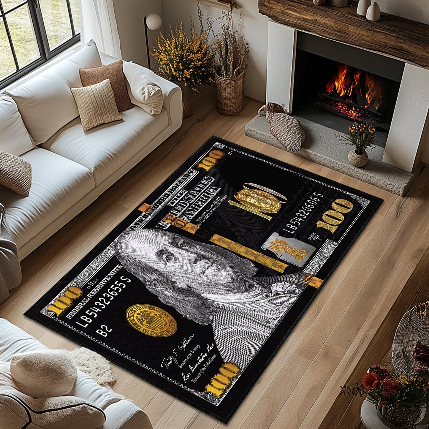 Money Rugs for Living Room 4x6 Area Rug for Bedroom,100 Dollar Bill Throw Rug Washable Rugs Indoor,Hundred Dollar Bills Area Carpet Non Slip Soft Floor Carpets Mat for Dining Room,Laundry,Office,Black