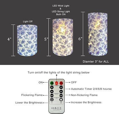Flickering Flameless Candles Vintage Blue Floral Print, Embedded Star String Lights, Battery Operated Acrylic LED Pillar Candles with 11-Key Remote and Timer for Home Decoration, 3 Pack