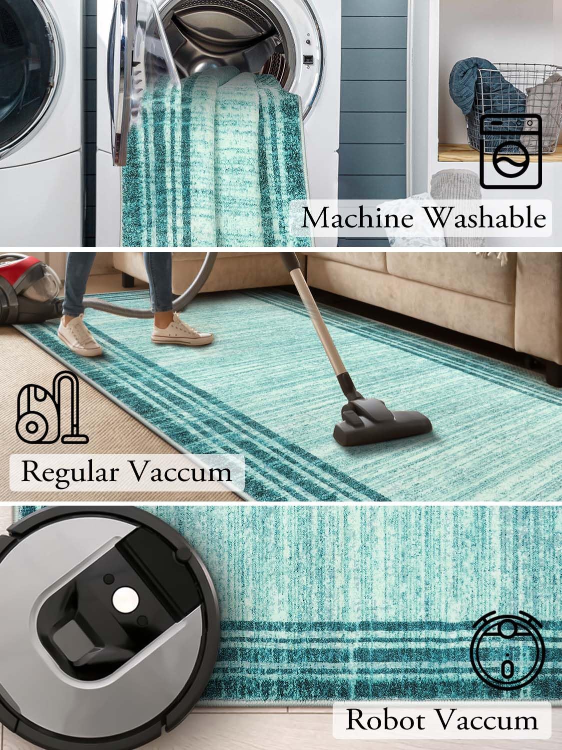 Lahome Modern Abstract Area Rug, Washable Teal 3x5 Kitchen Rugs Non Slip Large Entryway Rug Indoor, Low-Pile Soft Bathroom Mat Minimalist Throw Rug for Bedroom Living Room Stain Resistance